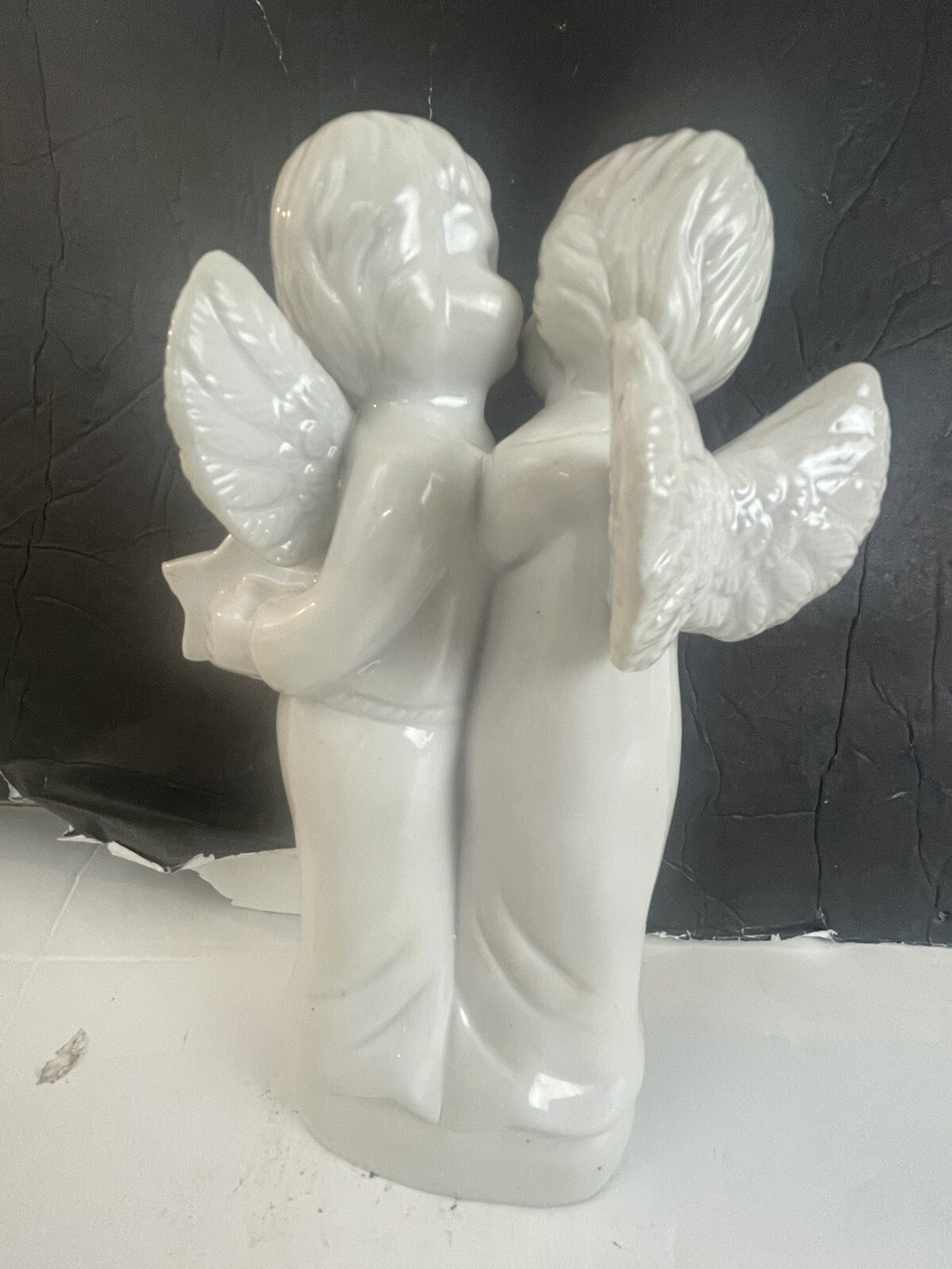 Vintage White Porcelain Double Cherub Angel Figurine Holding Star Gift 8″