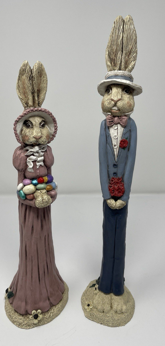 Hand Painted Tall Bunny Rabbit Figurine Set Of 2 Figures Vintage Mr & Mrs Signed