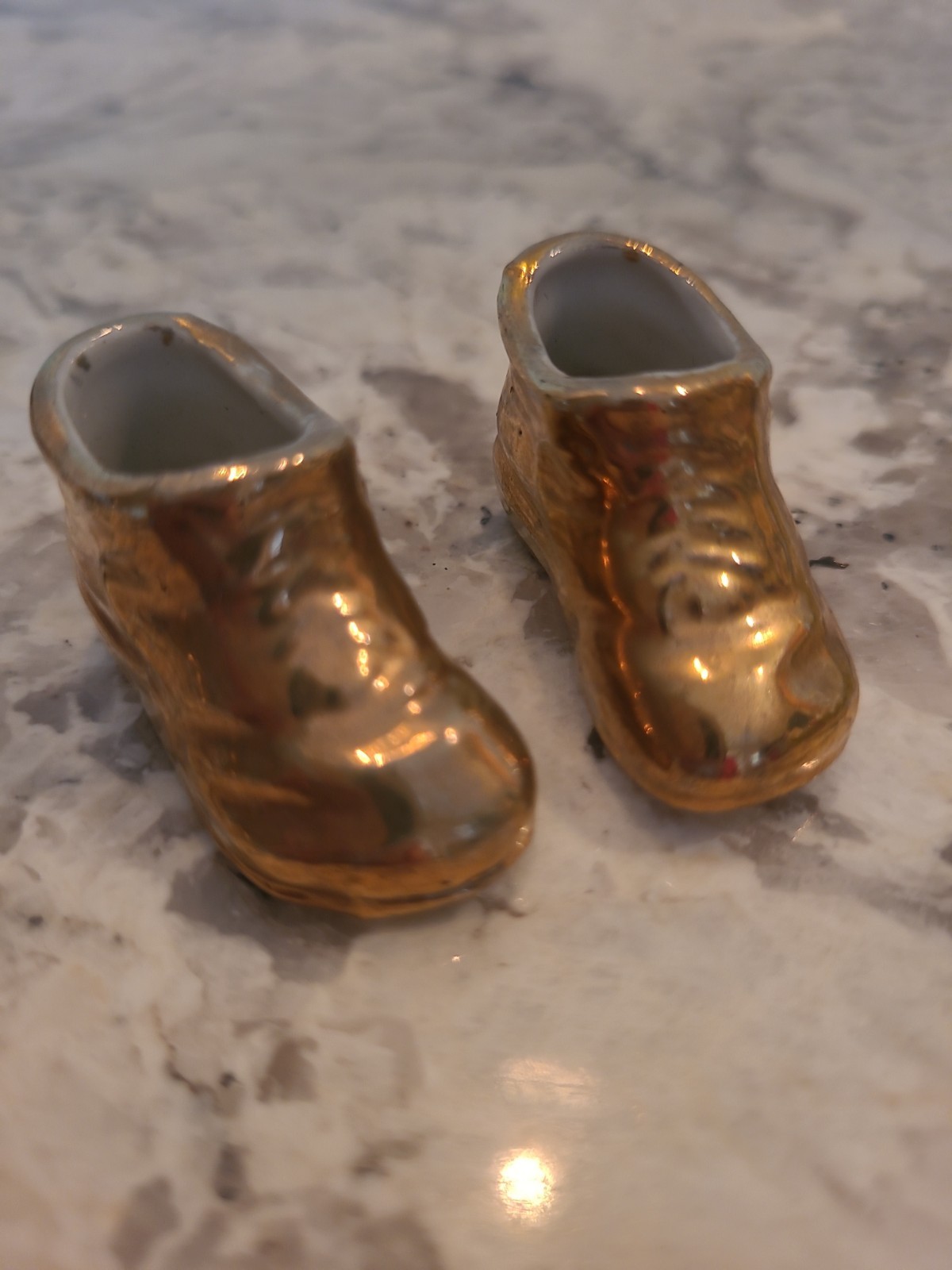 Vintage Gold Porcelain Pair Tiny Baby Slipper Booties Japan