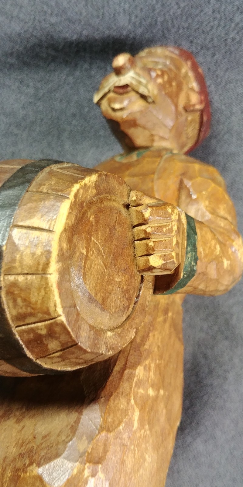 Unknown Beer? Barrel Hand Carved German? Wood Sculpture Art Apron Mustache 8.5″