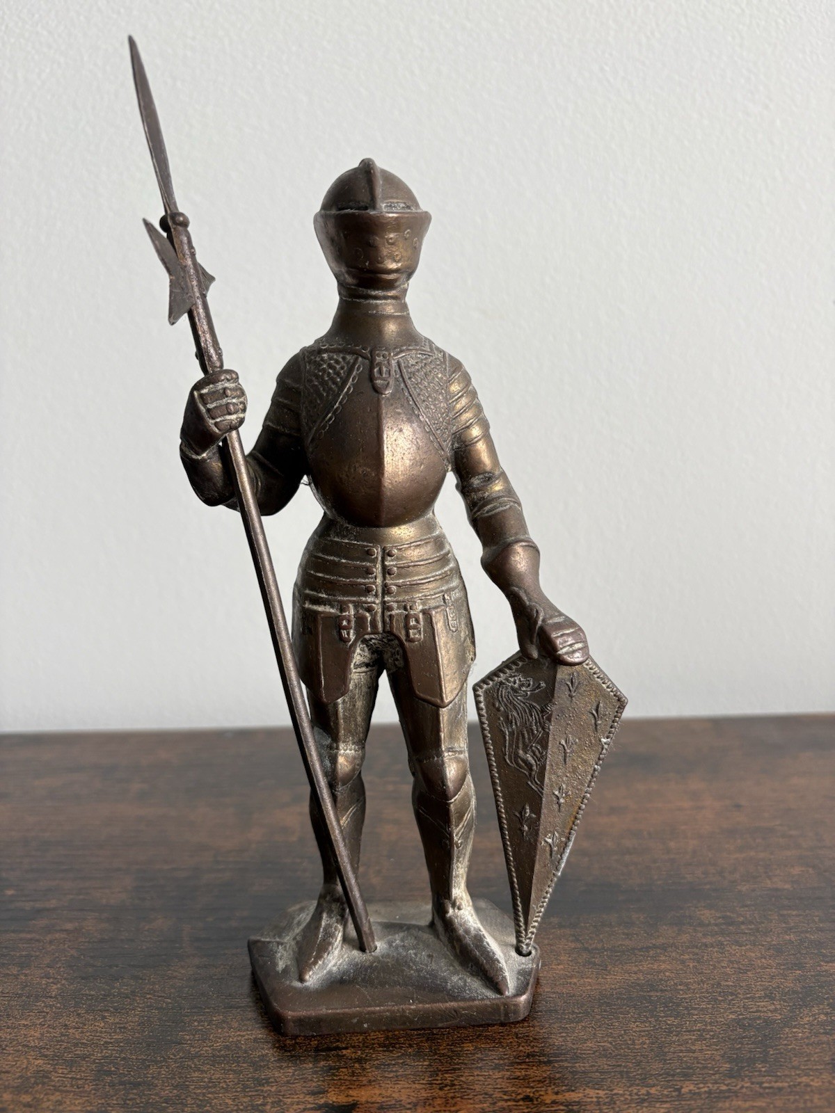 Antique Bronze Medieval Knight Figurine with Spear and Shield