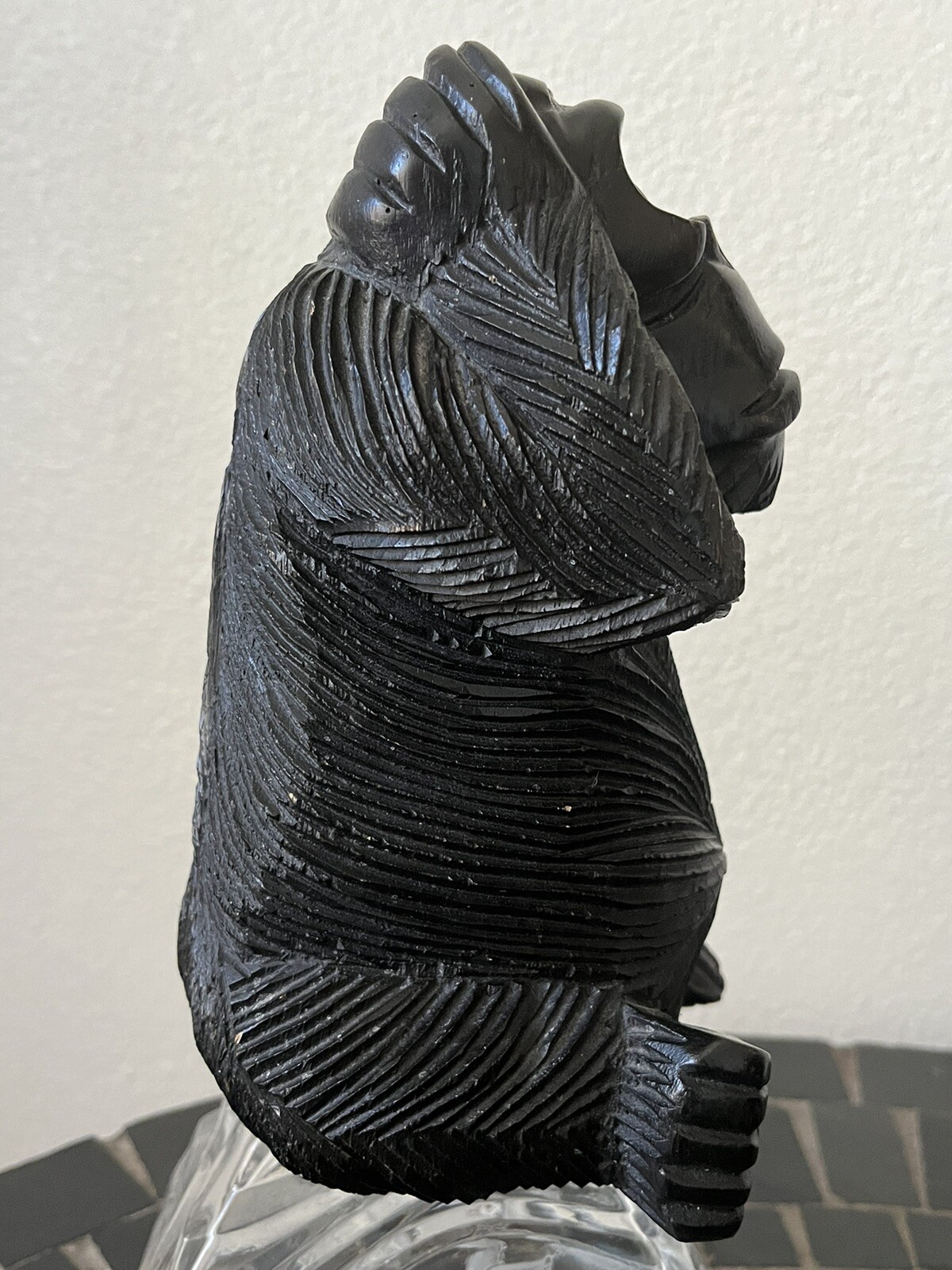 Hand Carved Black Solid Wood ~ Wise Monkeys Hear No Evil Statue 8.25 x 4.5 x 5.5
