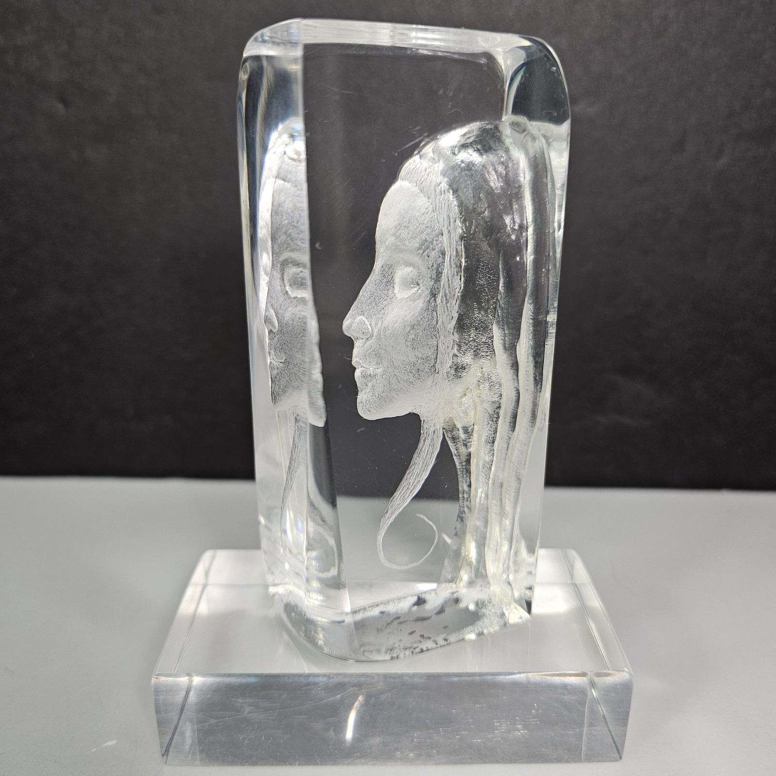 1977 Carved Lucite Sculpture Lady Portrait 3D Signed Alex Bean Vintage