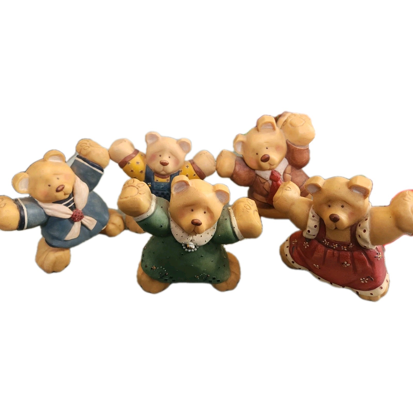 Collection of 5 Ceramic Figurine Bears with Diffrect Clothing 5 Inch. 1 Lb Heavy