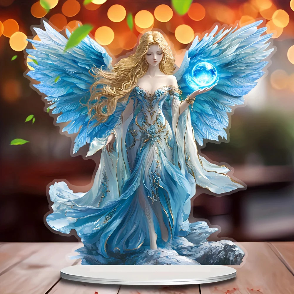 Blue Wing Guardian Angel Statue – Acrylic Desktop Decoration with Bracket
