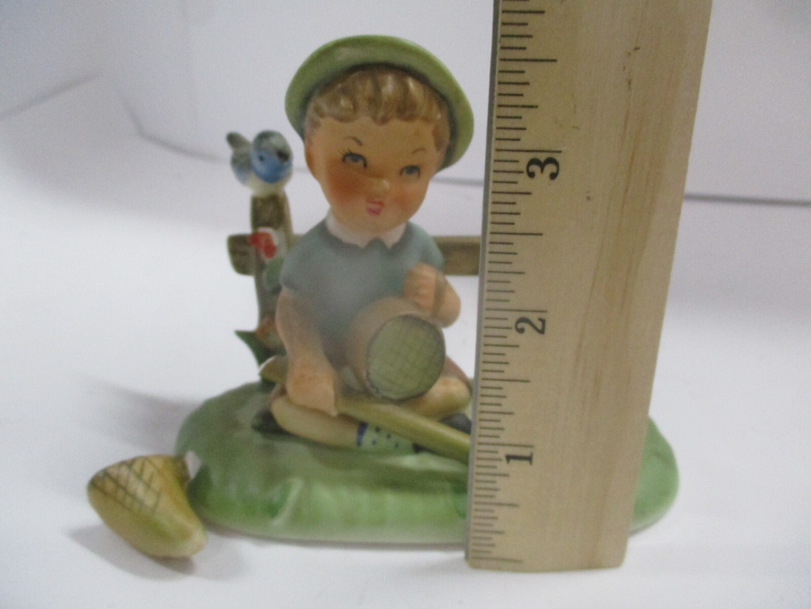 Vintage Ceramic Figurine Boy with Butterfly Net, Birds, Dog, Fence