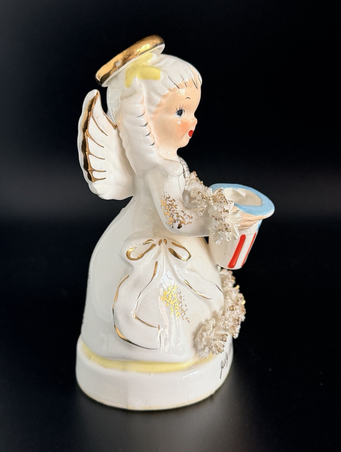 Vintage NAPCO 4th Of July Girl Angel Gold Spaghetti Trim A1367 Candle Holder