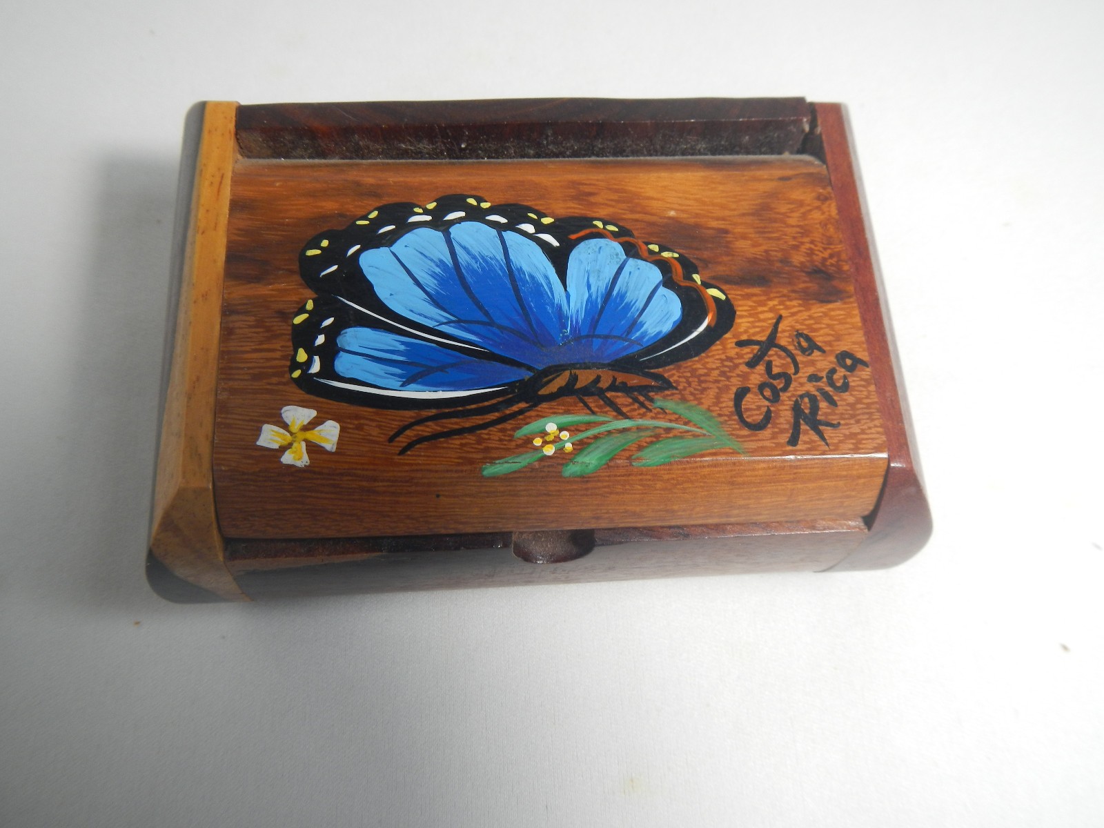Blue Morpho Butterfly Hand Painted Wood Box Wooden Trinket Jewelery Costa Rica