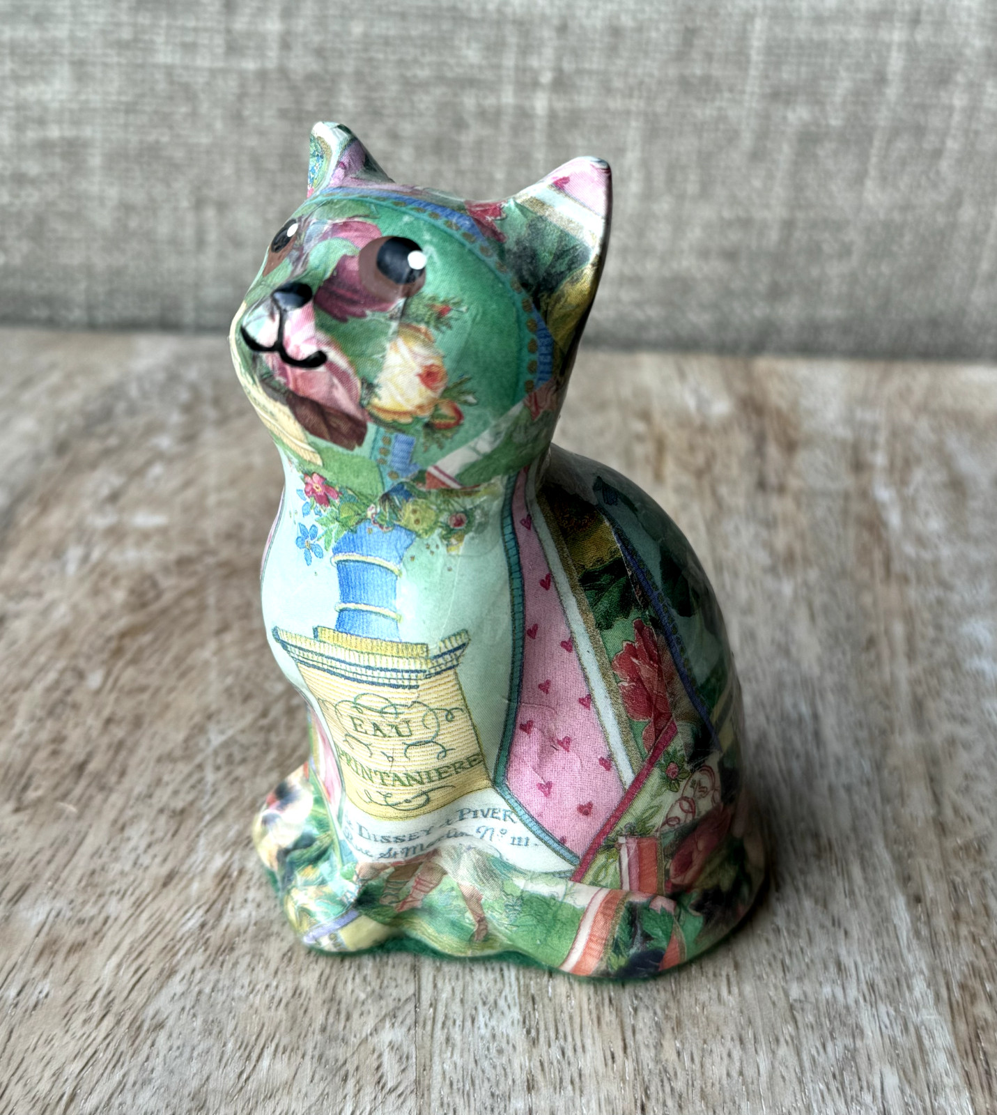 Linda Edgington Designs Decoupage Porcelain Floral Multicolor Cat Canada Vintage