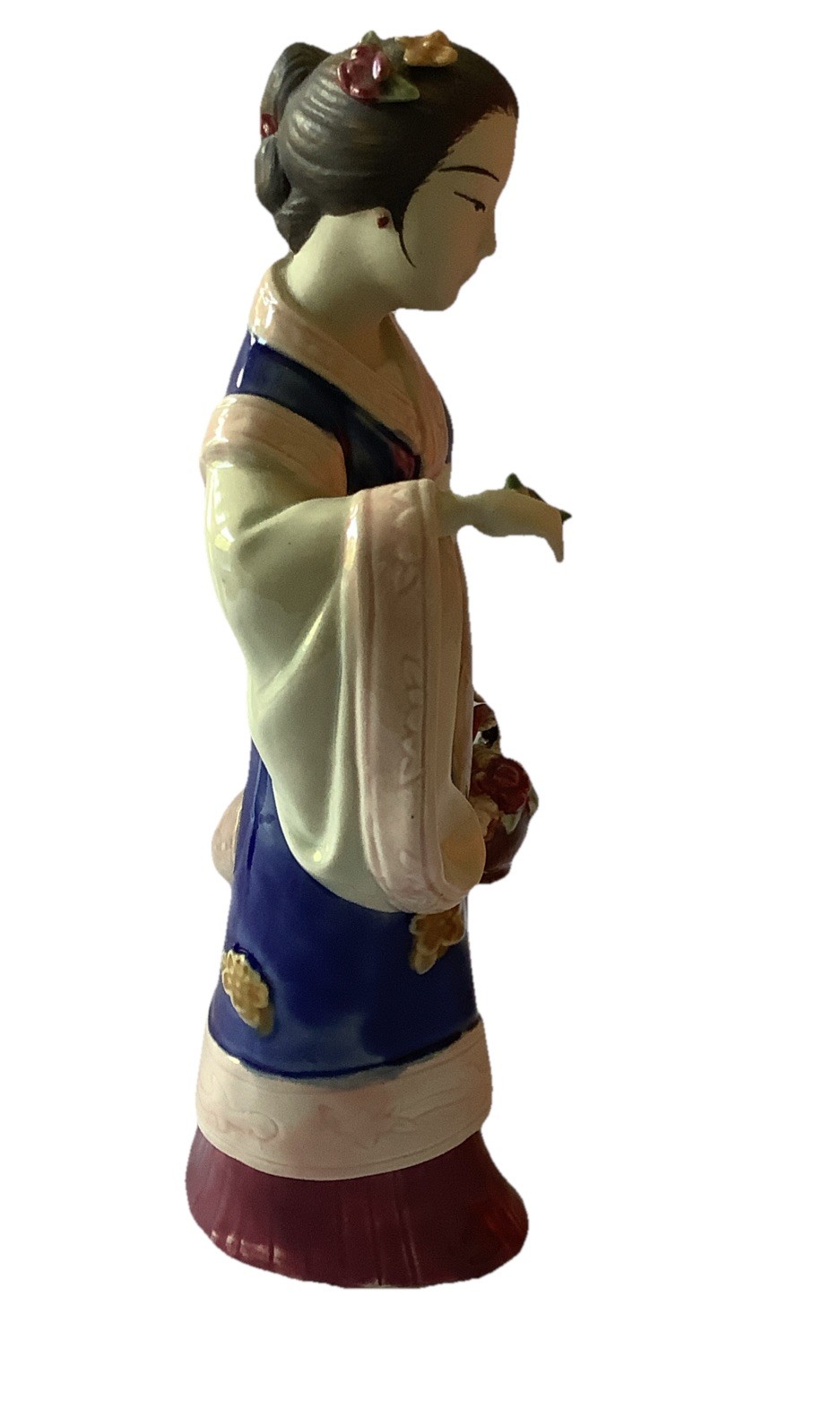 Vintage Japanese Ceramic Statue Girl with Flowers 10″ Tall Matte & Glossy Finish