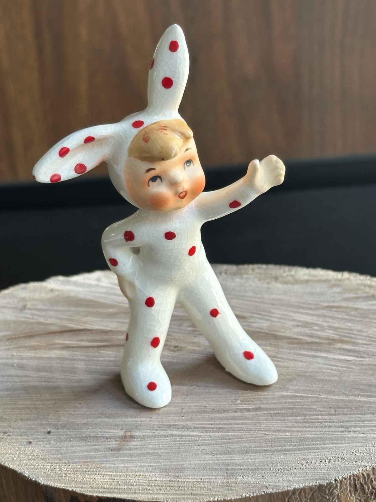 Vintage Lefton Pixie Bunny Rabbit Girl figurine Japan anthropomorphic Polka Dot
