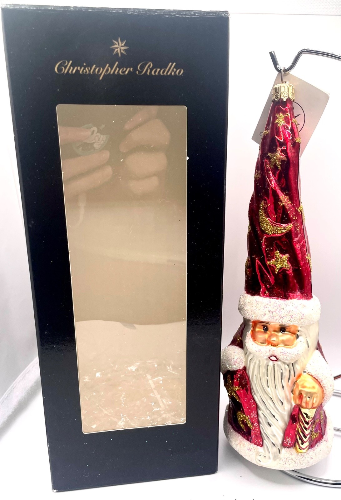 RADKO Ruby Munchkin Santa Ornament 96-240-1 Red White 8.25” Tall Hat Moon Stars