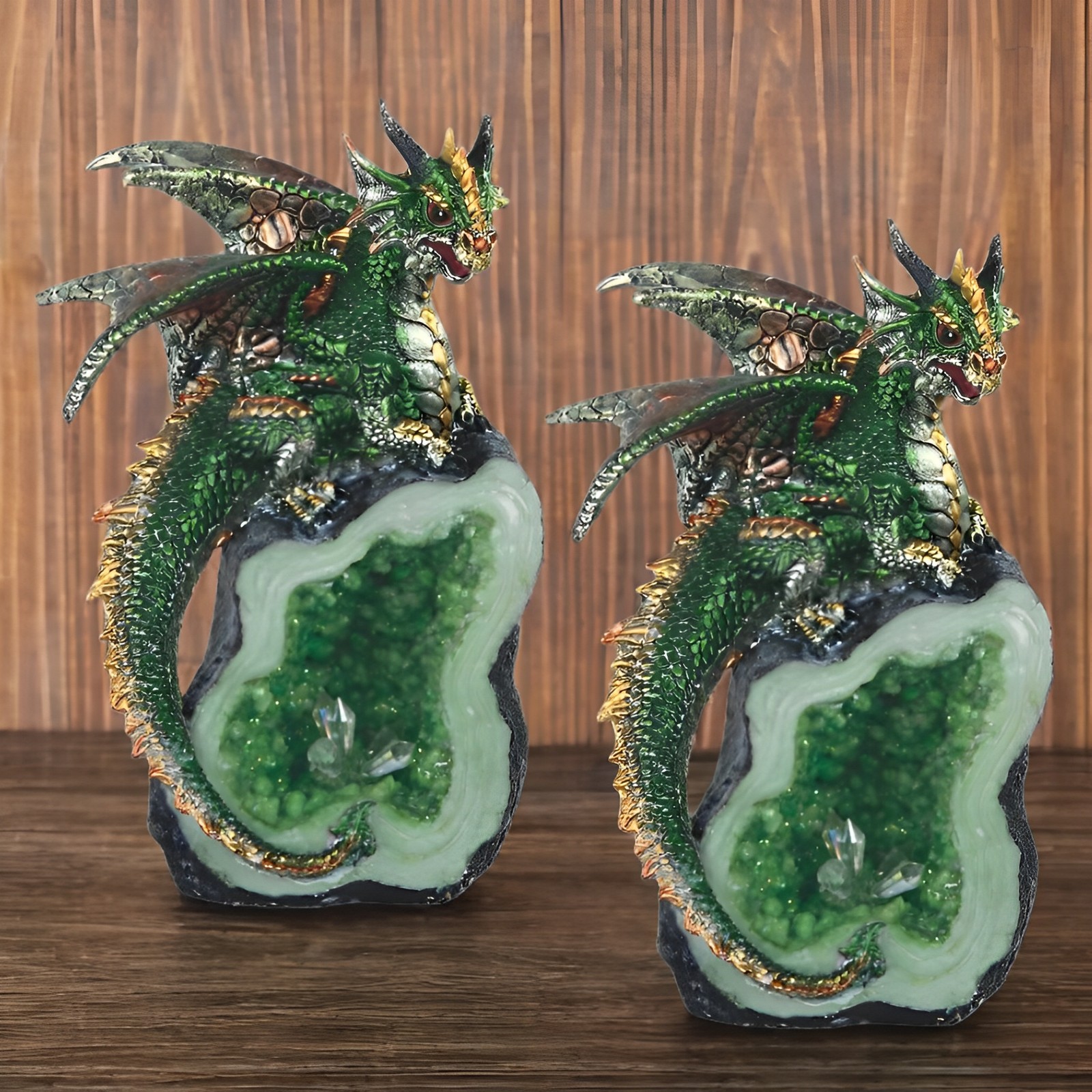 2-PC Gift Set 8.5″H Green Dragon on Green Faux Crystal Stone Figurine Ornament