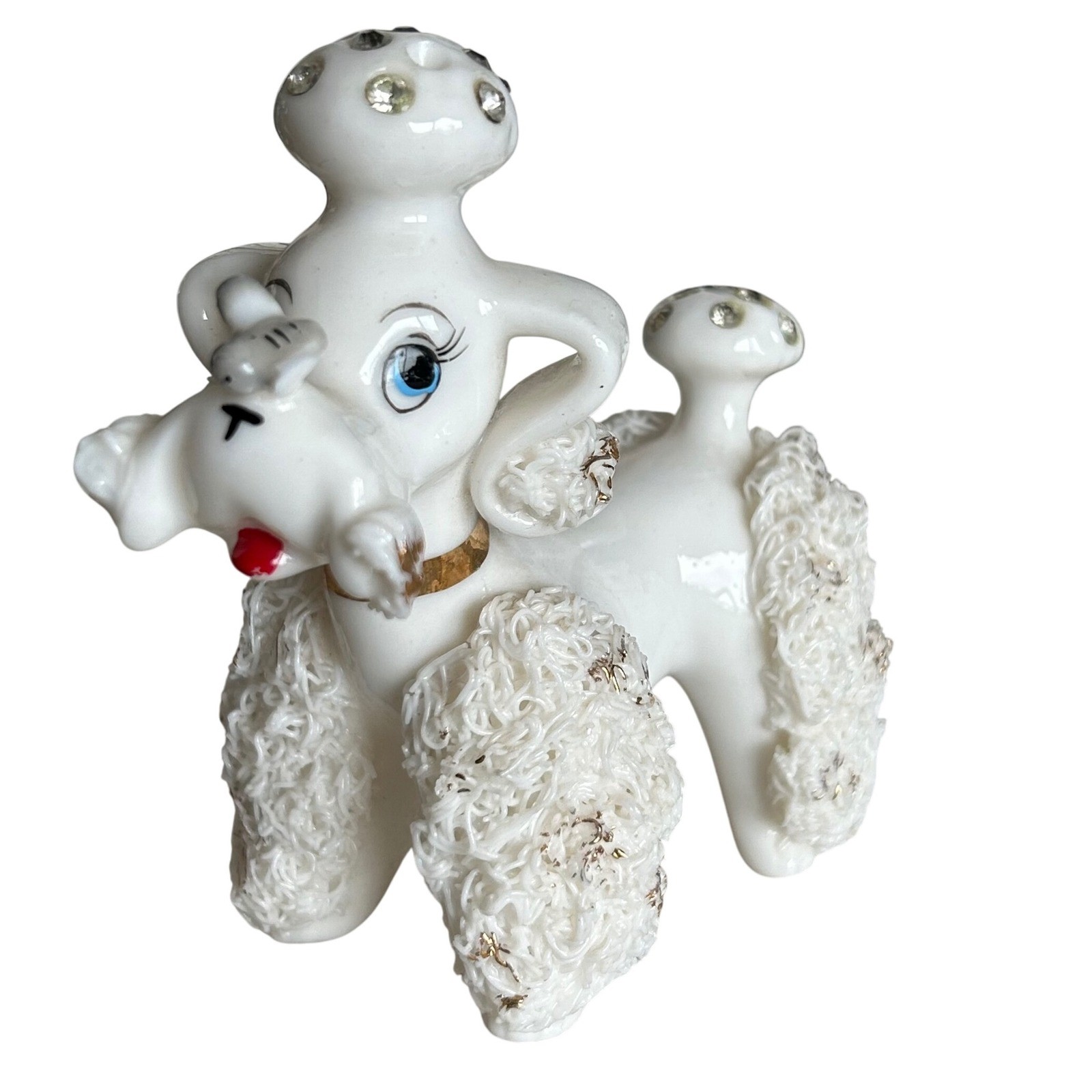 Vintage 1950s Spaghetti Poodle Figurine with Rhinestones Bird on Nose Japan