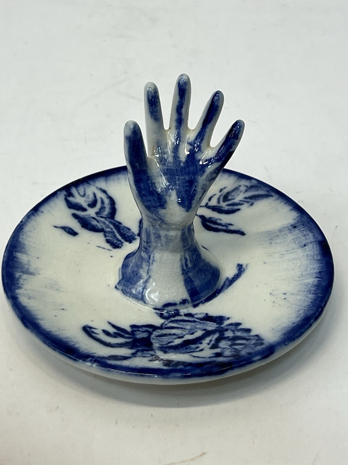 Vintage Antique Blue & White Porcelain Dish Hand Shaped Jewelry Holder Victoria