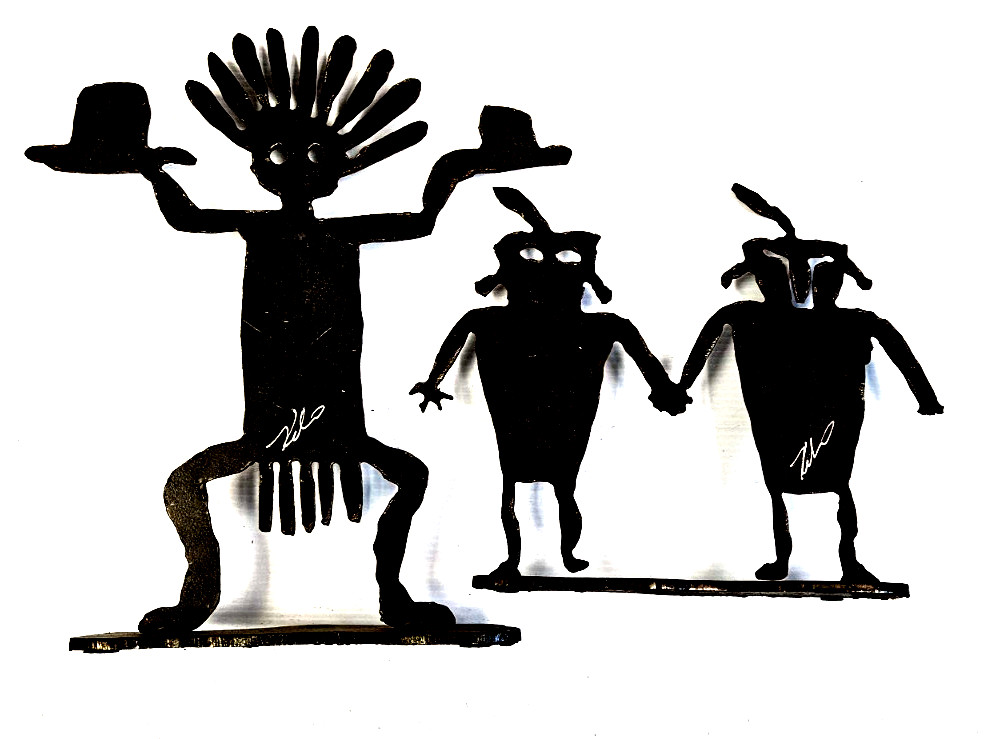 PAIR Kokopelli Metal Art 11″+7.5″ Sculpture Native American Dancer Artist Signed