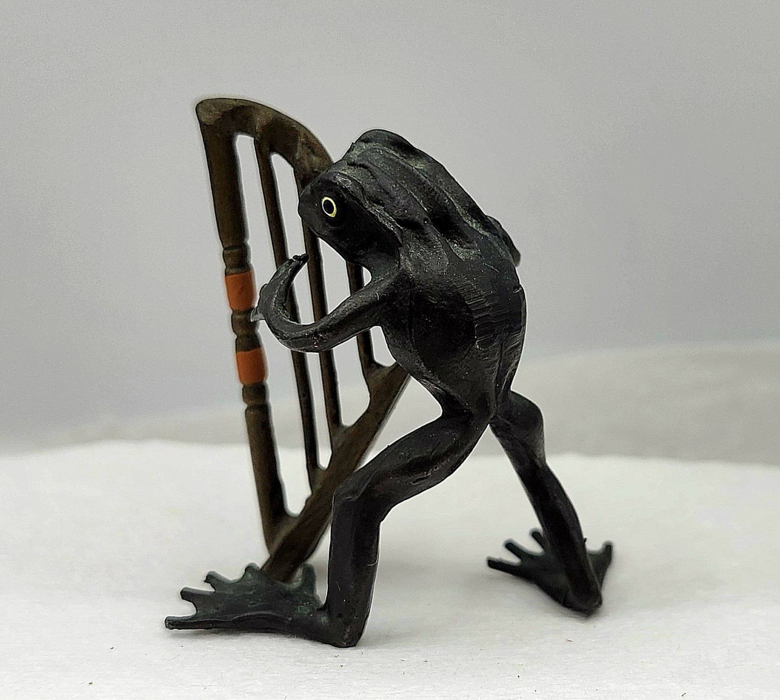 Antique Miniature Cold Painted Bronze Minstrel Frog Playing Harp