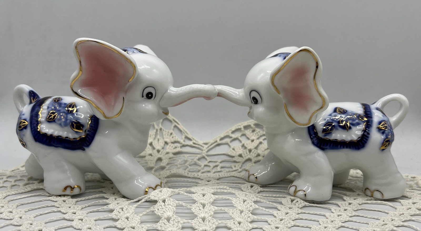 Vintage 1940’s Blue White Gold Gzhel Style Porcelain Kissing Elephant Figurines