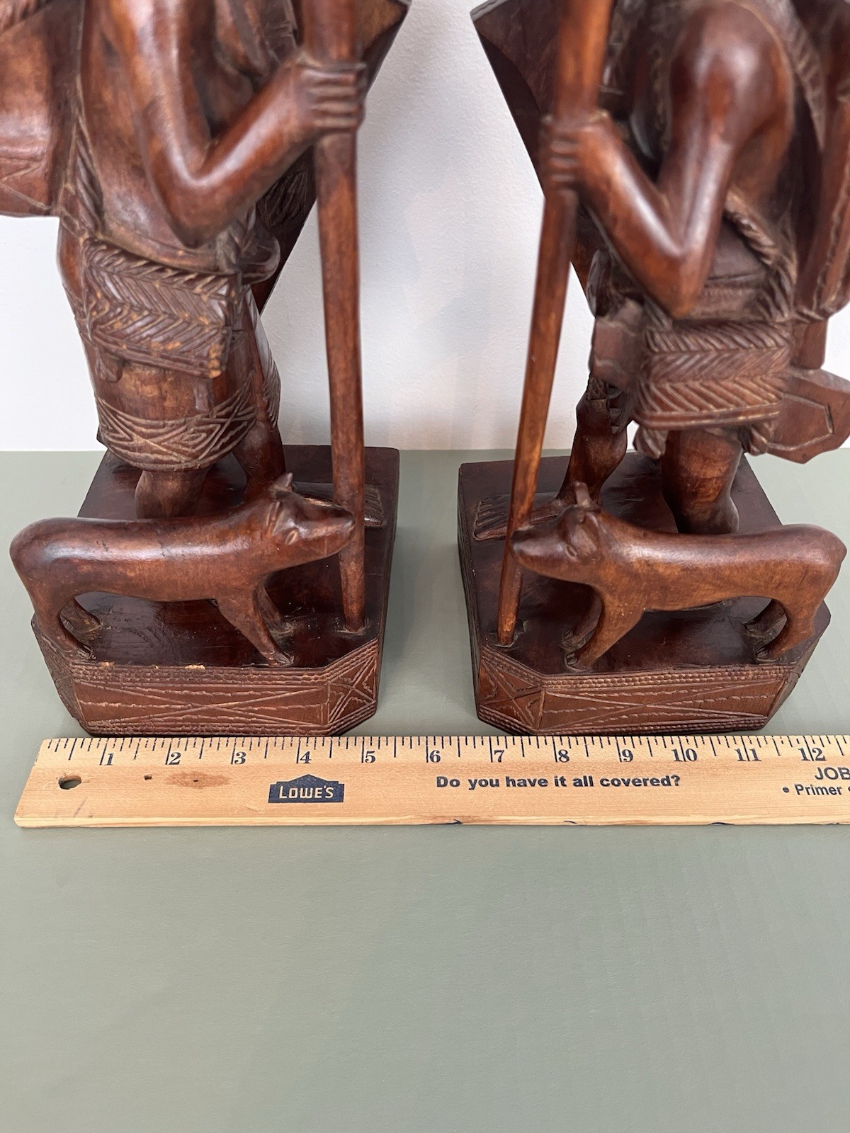 Vintage Hand Carved Wood Tribesmen Pair Of Bookends From Philippines 13 Inches