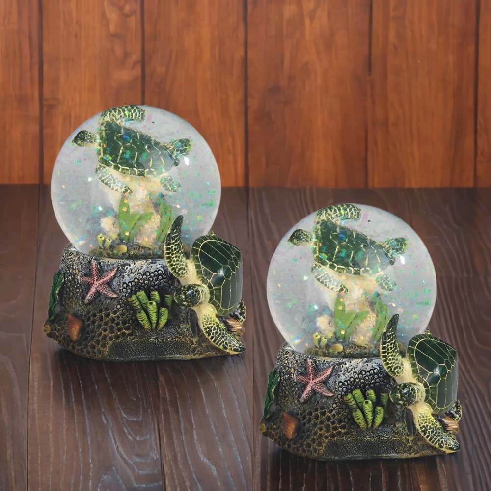 2-PC Gift Set 3.75″H Green Sea Turtle Glitter Snow Globe Ornament Home Decor