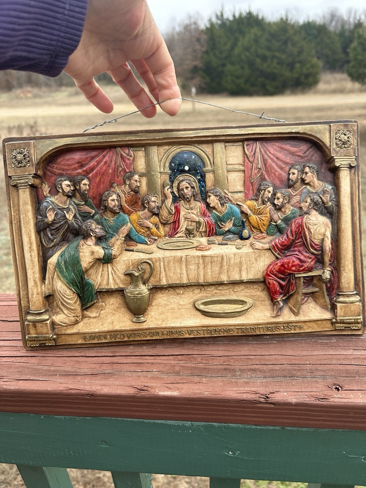 Vtg Hand Painted The Last Supper Wall Plaque Picture Chalk Plaster 13.5” x 8”