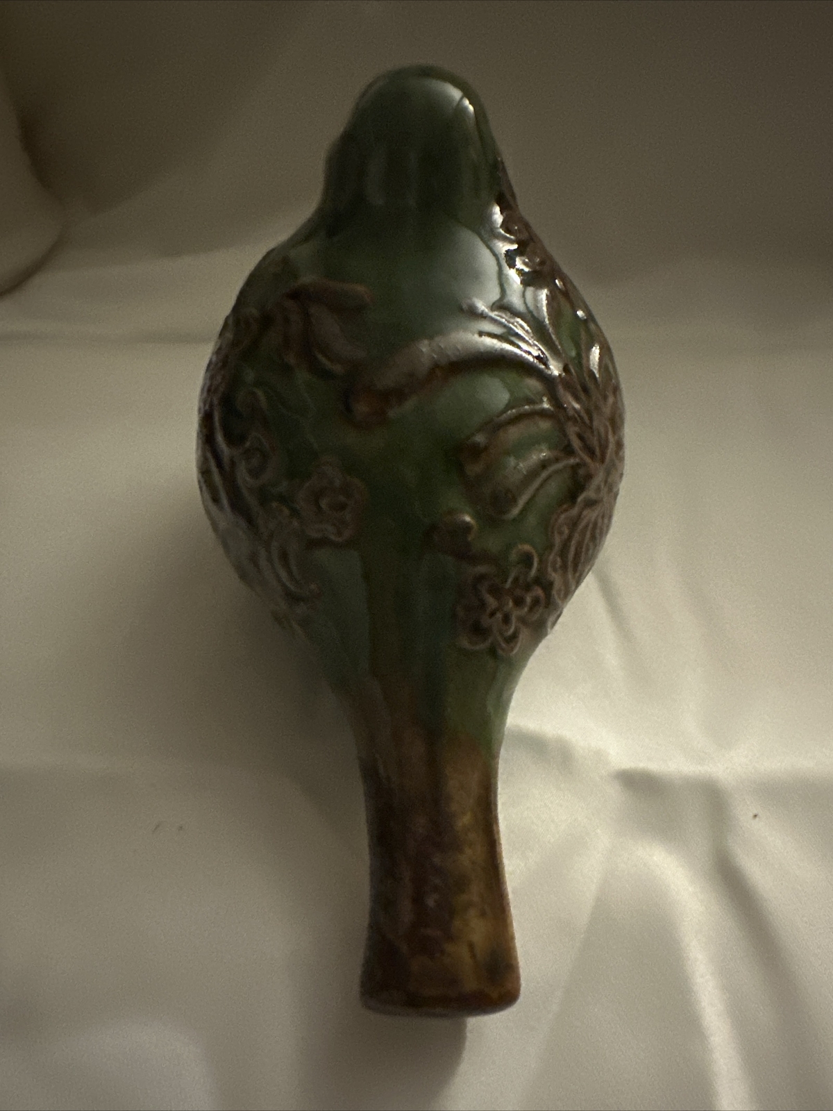 Glazed Green Brown Raised Floral Scroll Cracker Barrel Chubby Bird Figurine 7×5″