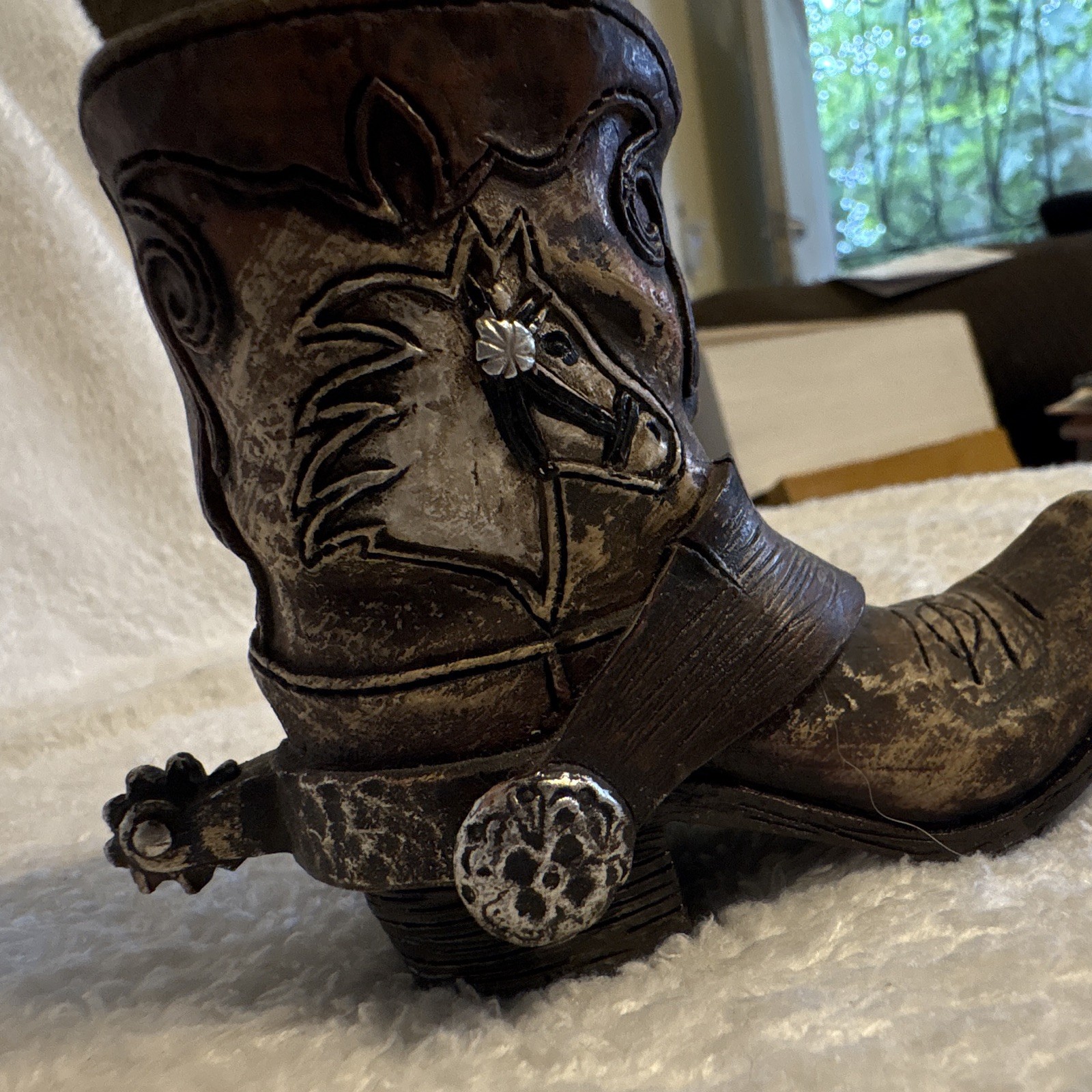 Western Cowboy Boot Figurine Resin Painted 3D Textured Horse Animal Print