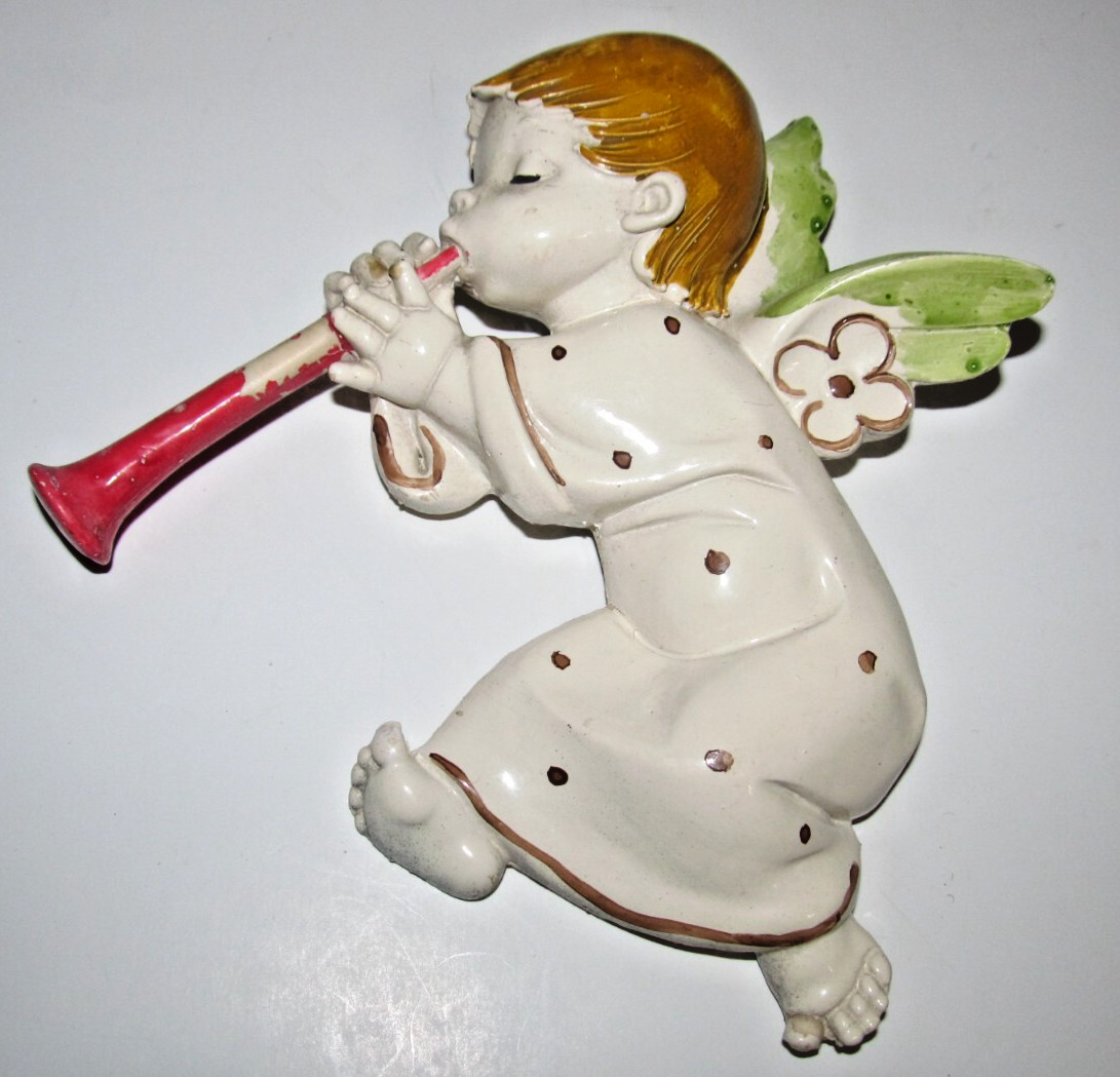 Vintage Resin Cherub Angel Horn Musician Wall Hanging Decor (Italy) (E)