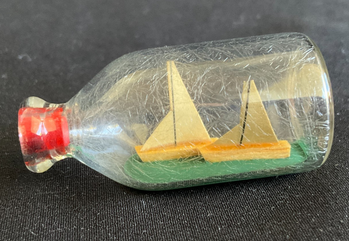 Vtg Miniature Ship in a Bottle Handblown Glass Bottle 1.75″ Homemade Collectible