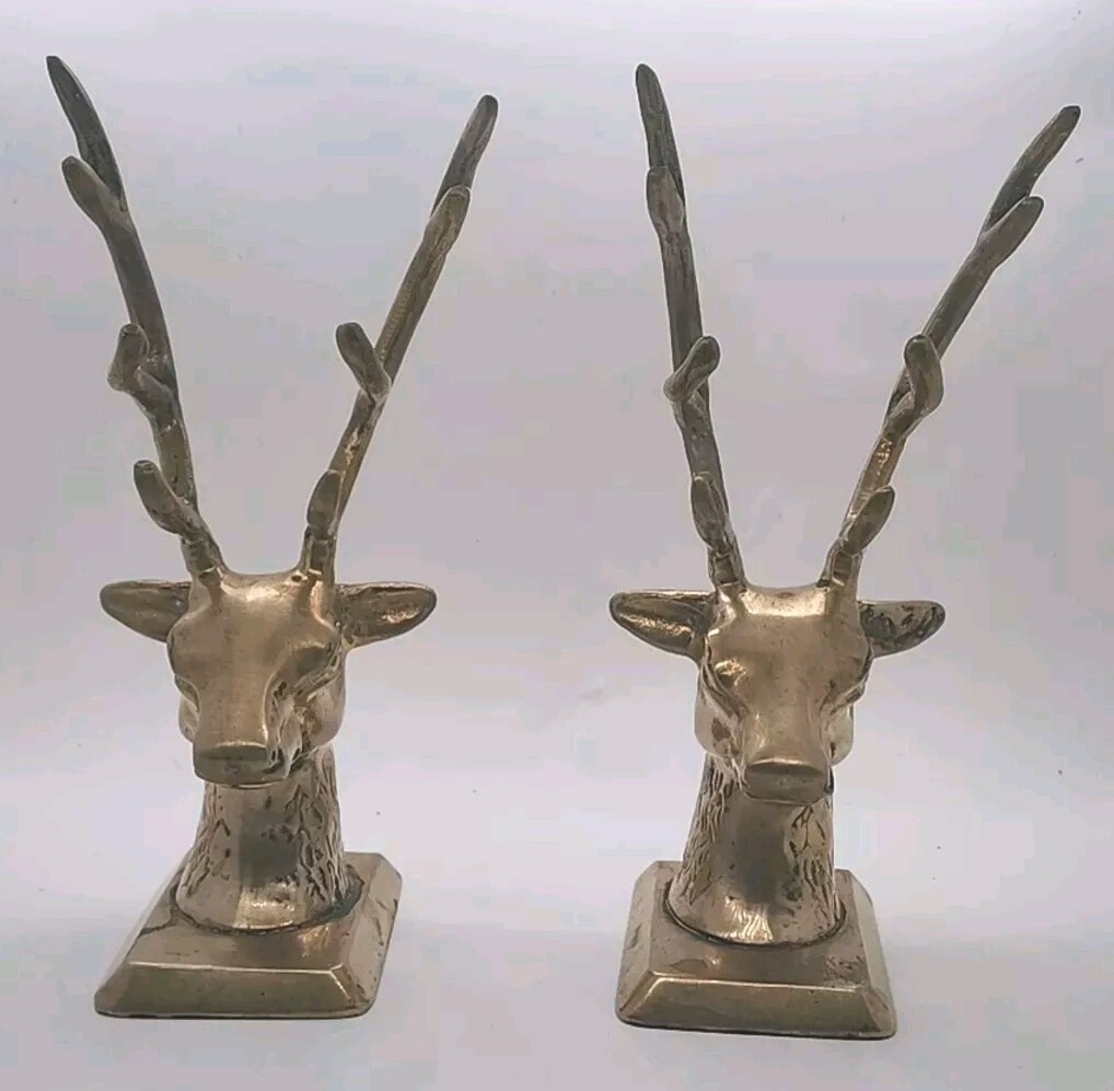Vintage Set Of 2 Brass Copper Stag Deer Head Antlers Ornament Statues/book Ends