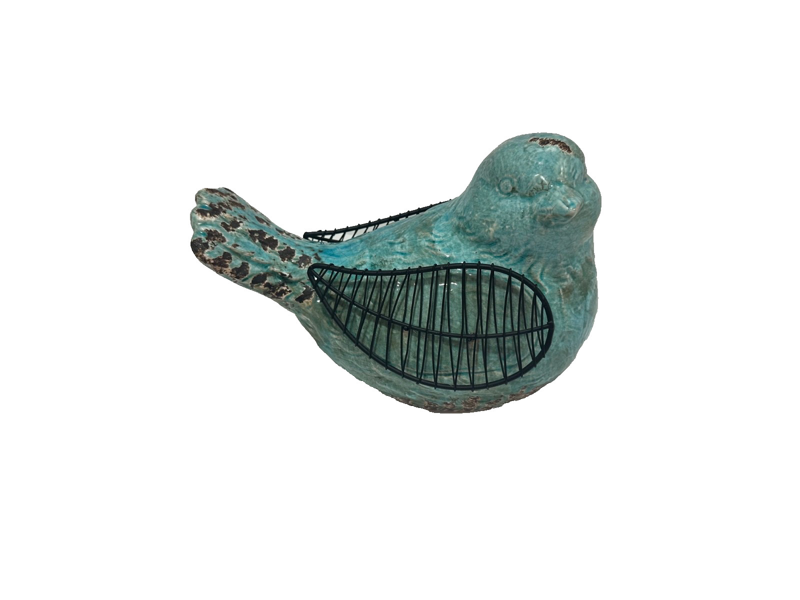 Ceramic Italian Bird Sculpture Aqua Blue and Brown w/ Metal Wings Artist Signed