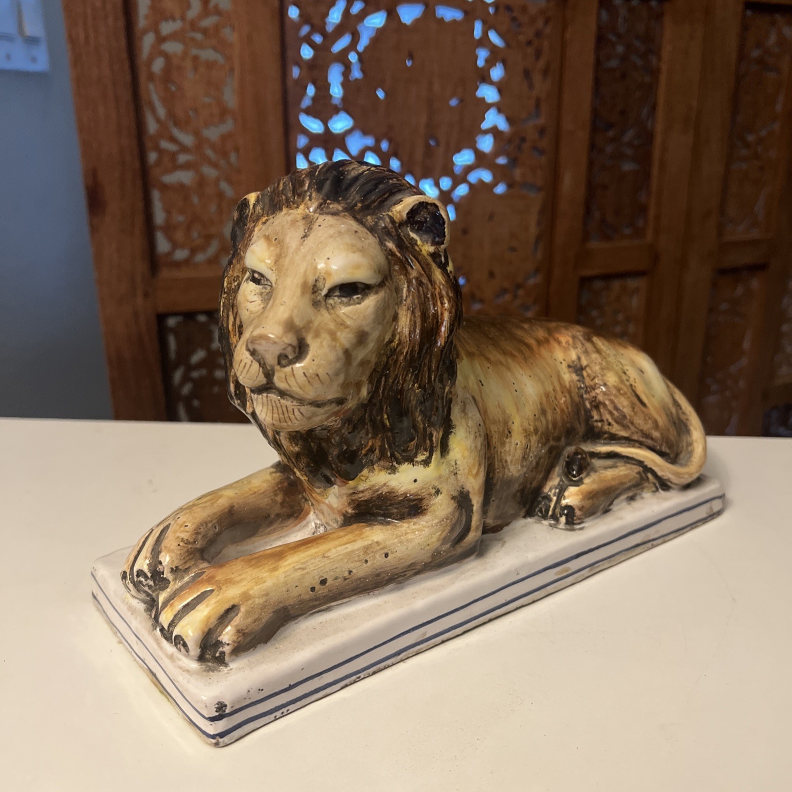 Italian Majolica Recumbent Lion Plinth Base Made in Italy 1920s 10 inch Figure