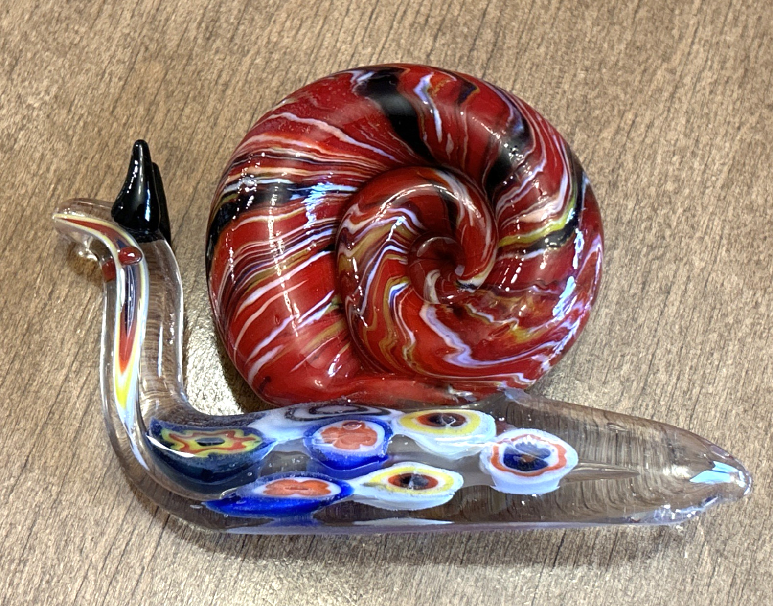 Hand Blown Murano Style Multi-Colored Snail Figurine with Millefiori Base 4″