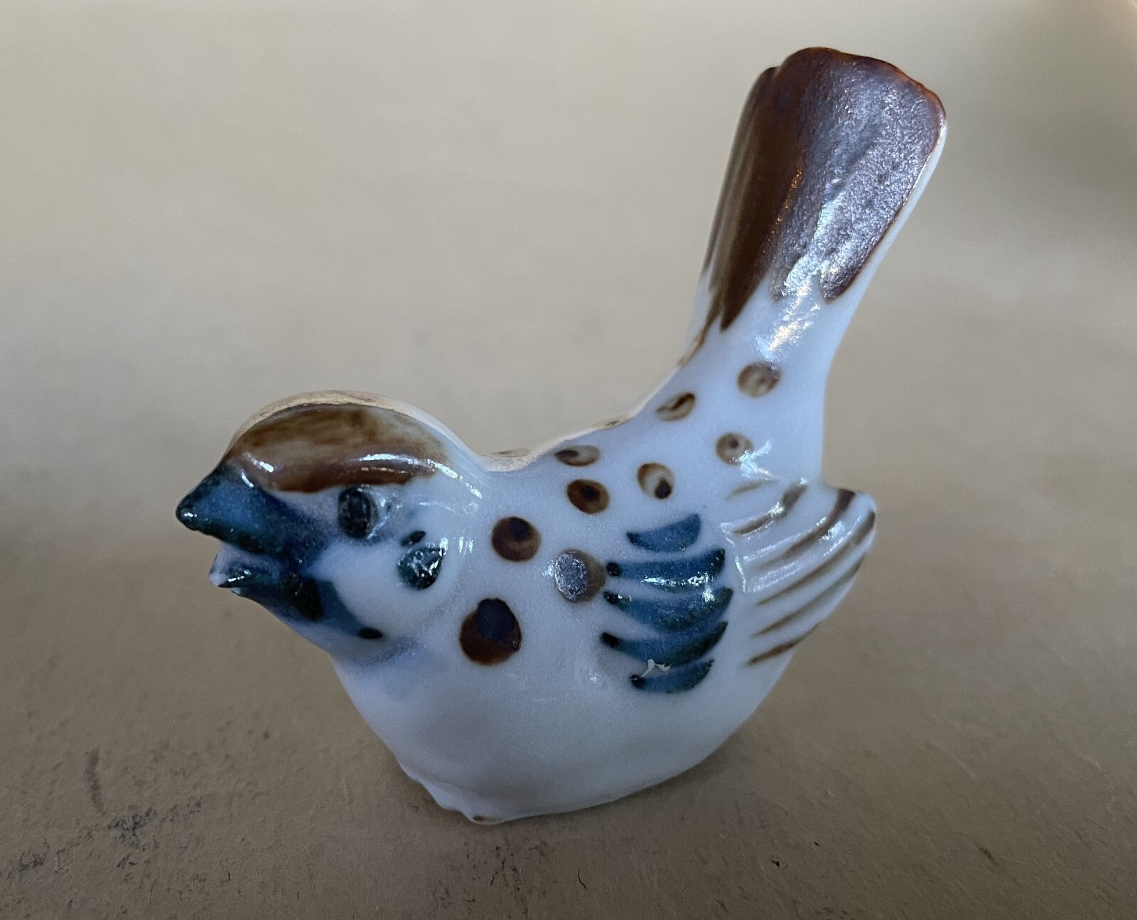 OTAGIRI BIRD Figurine JAPAN Blue Brown SPARROW Mini 2 Inch Porcelain Vintage OMC