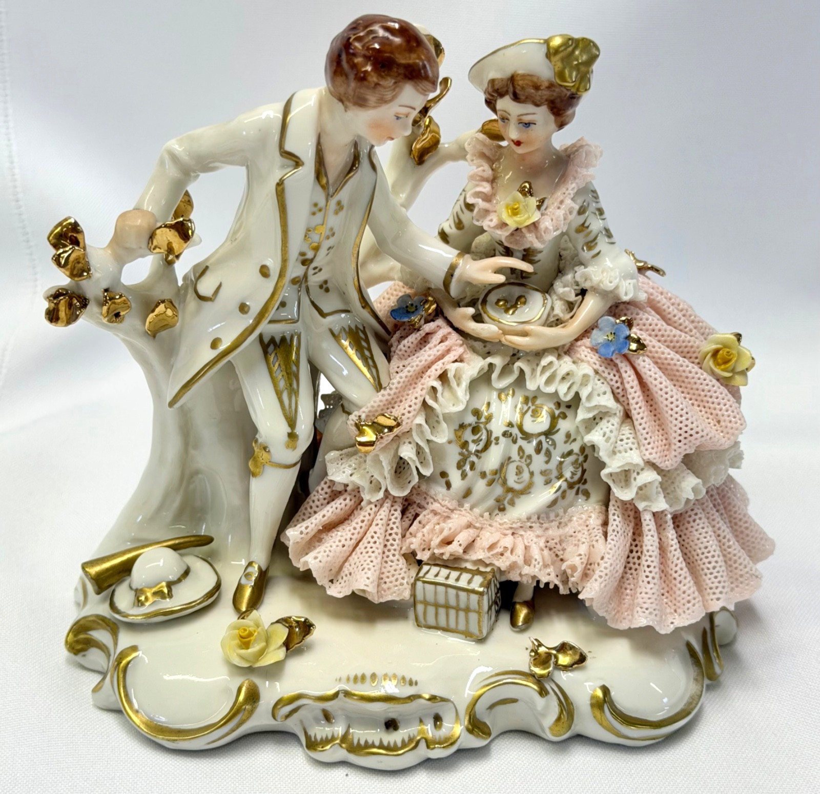 Dresden Lace Figurine Romantic Couple Germany Pink Lace Dress Delicate Flowers