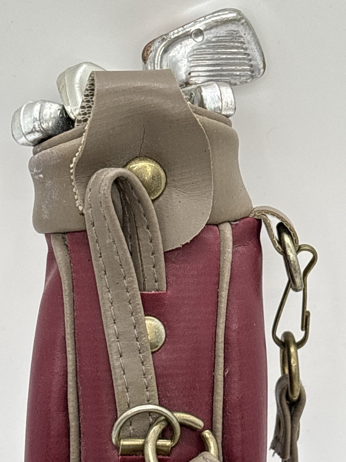 Vintage Miniature Vinyl Golf Bag With Removable Plastic Golf Clubs Maroon Doll
