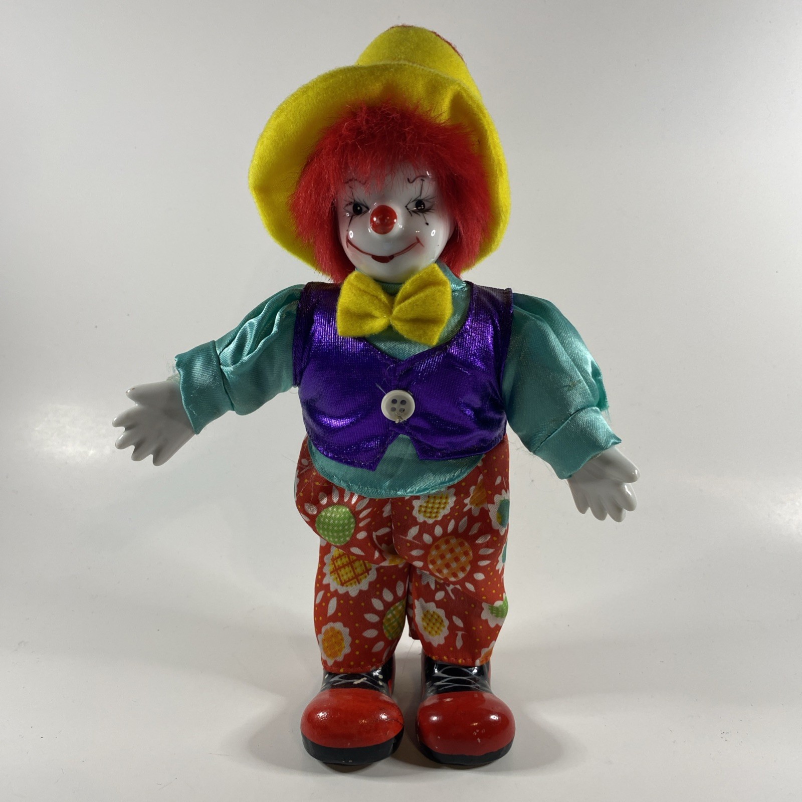Vintage Porcelain Happy Clown Doll Suit Hat Hand Painted Face