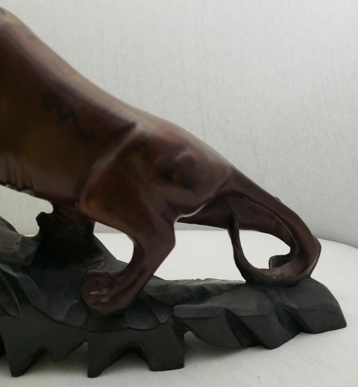 Antique Wood Carved Chinese Tigers Statue Redwood Vintage Glass Eyes Asian RARE