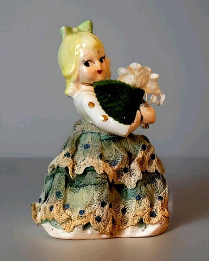 Andre Richard Porcelain Blond Girl Sachet Doll Figurine Green 22k Gold
