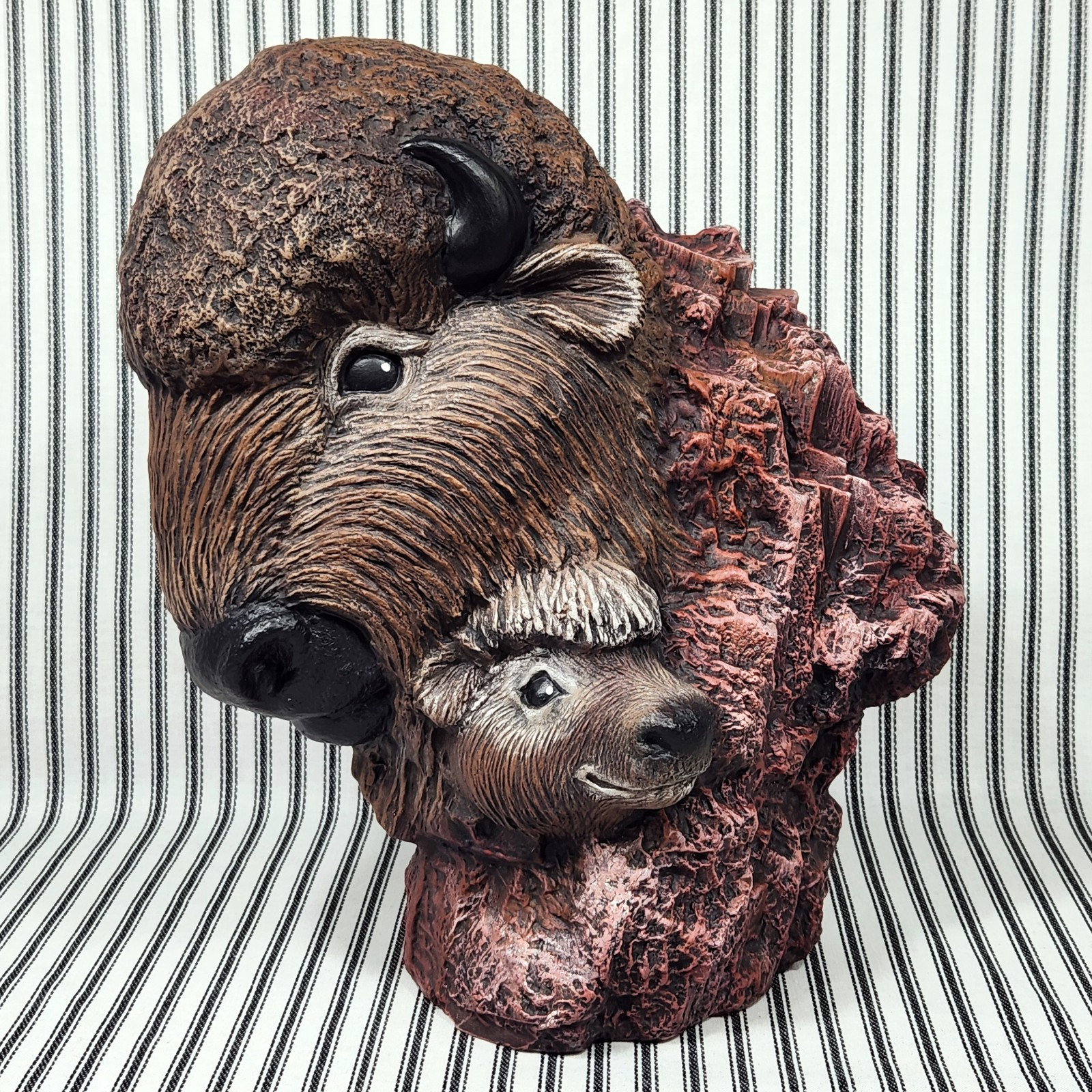 Vintage Ceramic Bust Figurine, Buffalo/Bison & Calf (c. 1993) ~ LARGE (10½”×9¼”)