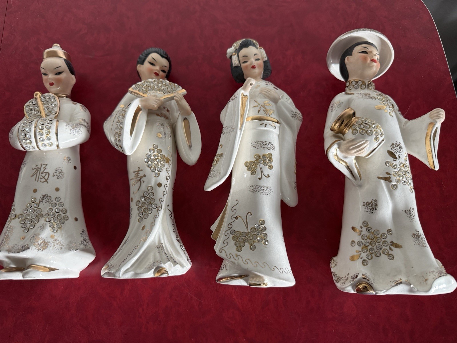 Vintage 1950’s LEFTON Asian Figurines With Rhinestones Lot Of 4