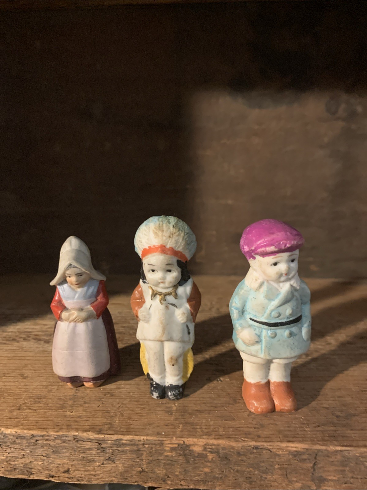 3 Vintage Bisque Porcelain Hand Painted Figurines. Approx 2.25”- 2.5” High