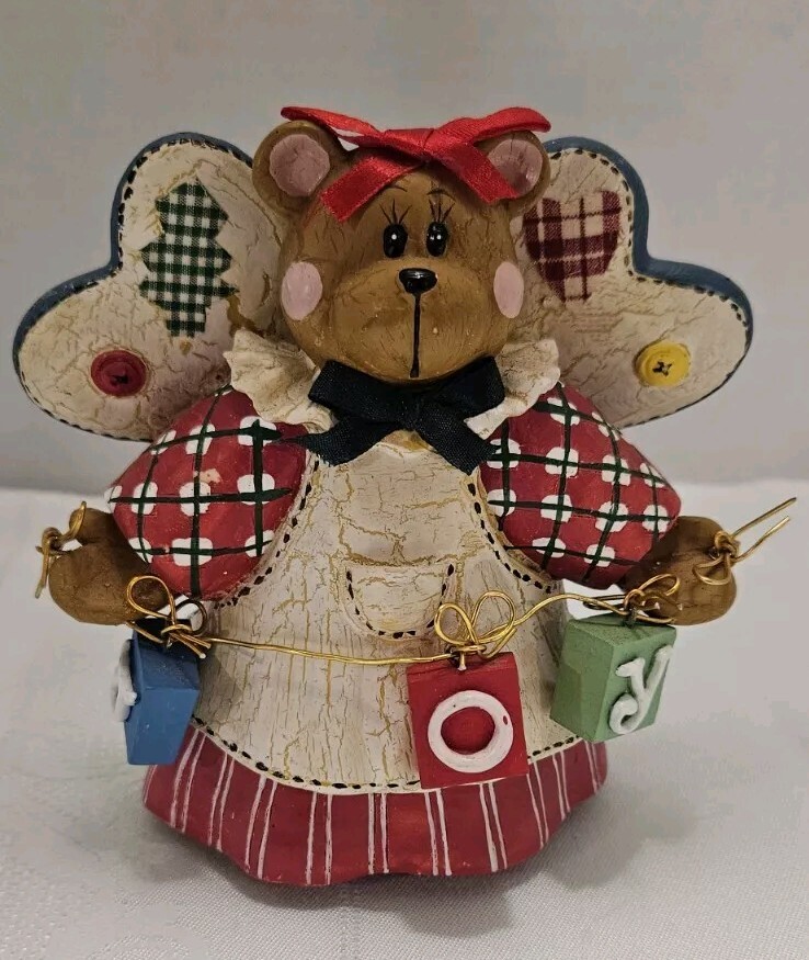 Patchwork Angel-Bear figurine, holding “Joy” blocks 5.5″ tall, 1 lb, 2 oz