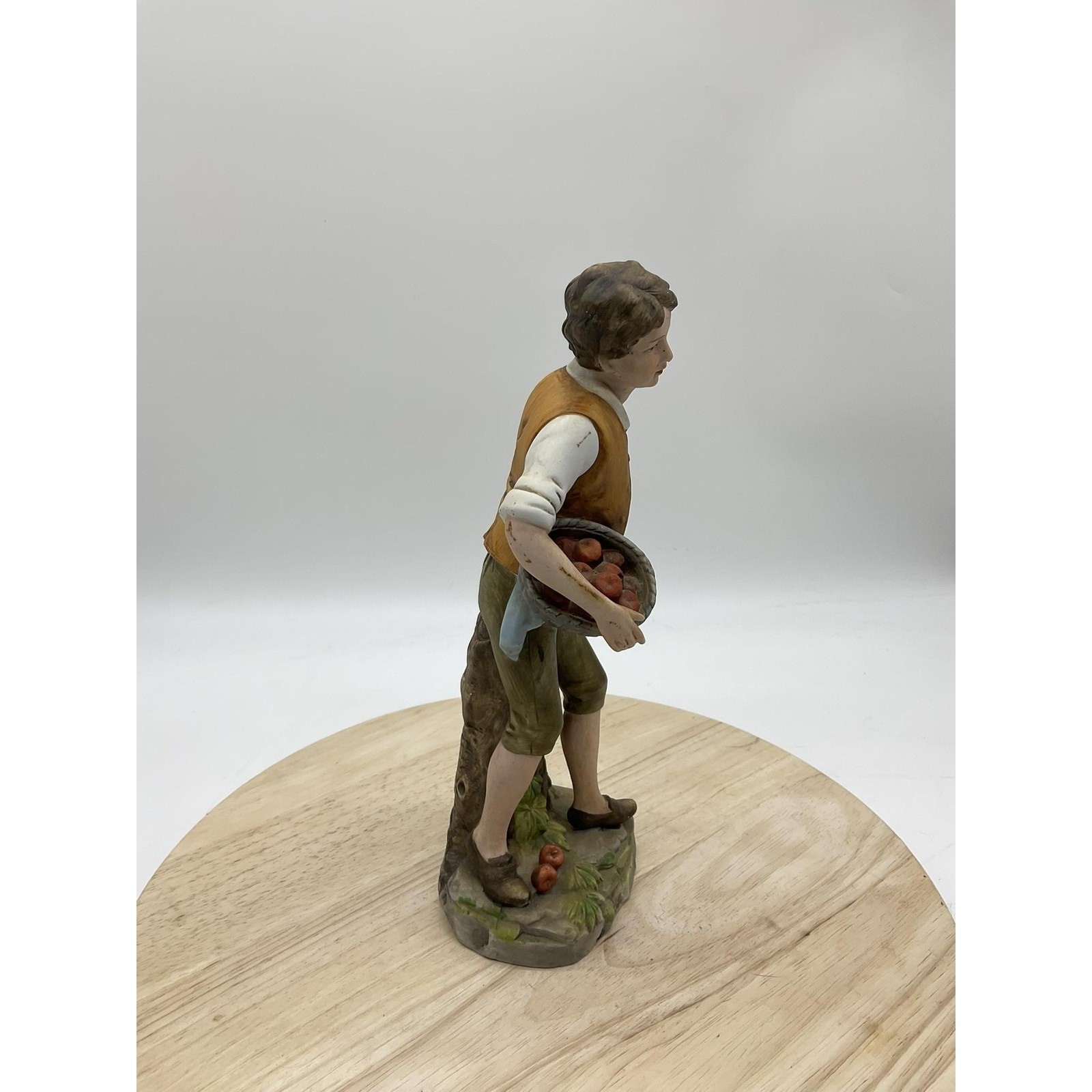 Vintage Ceramic Boy With Apple Baskets Figurine Farmhouse Home Interior Decor