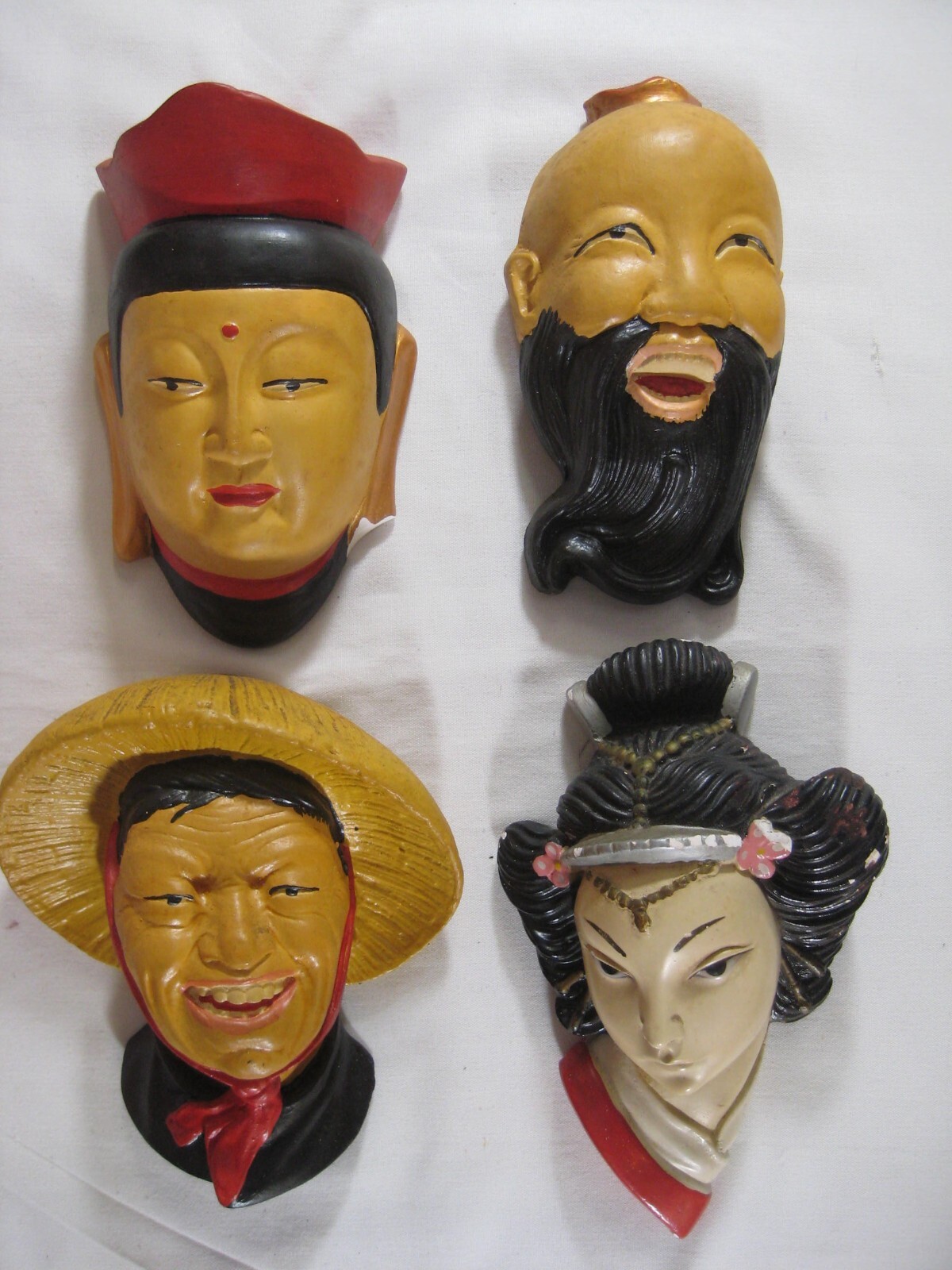 Lot 4 vintage chalkware faces men women Japan India China