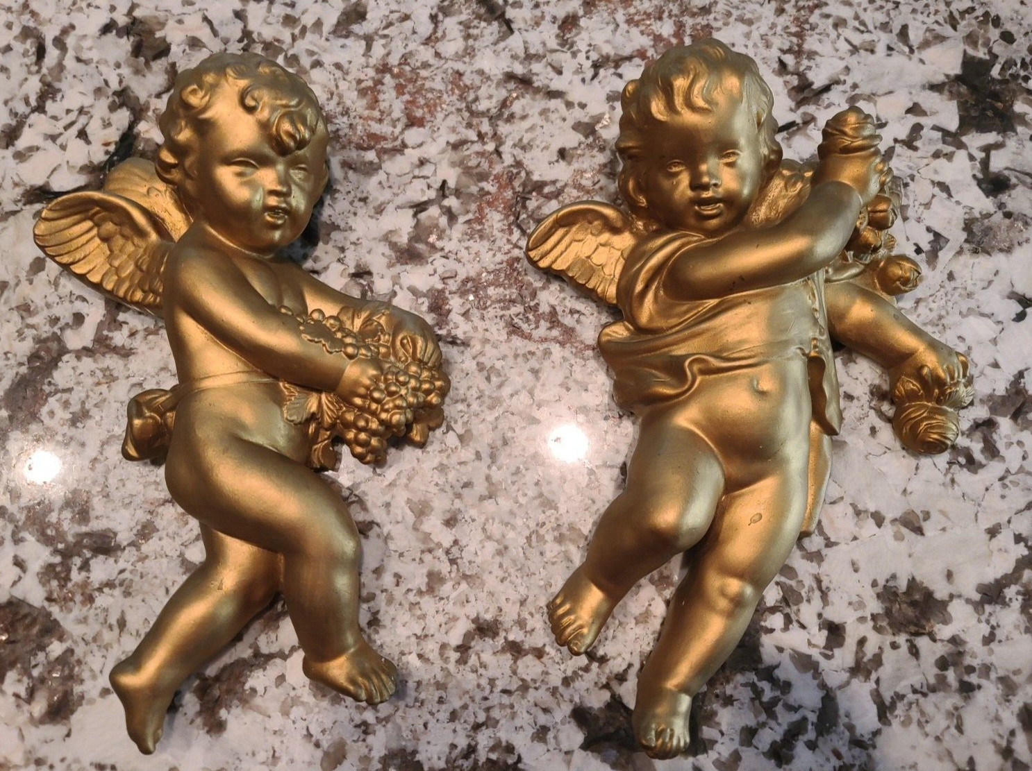 Pair of Chalkware Winged Putti Gorgeous Gold Gilt Plaster Wall Hanging