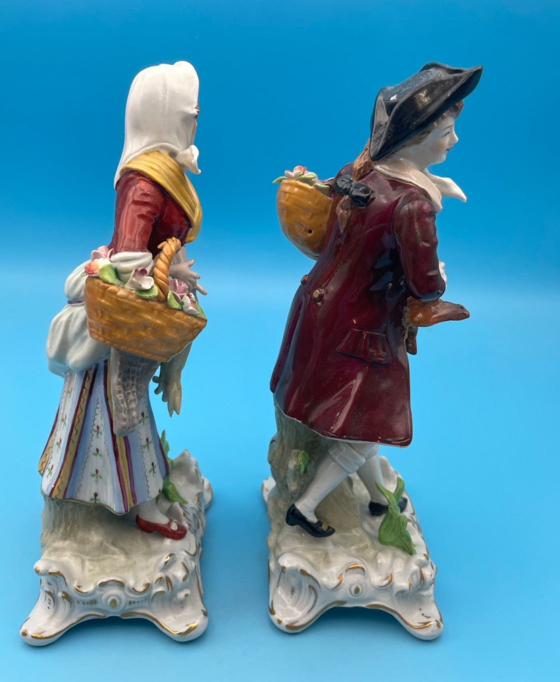 Beautiful Sitzendorf Man Holding Flowers & Bird Woman Holding Flowers & Rabbit
