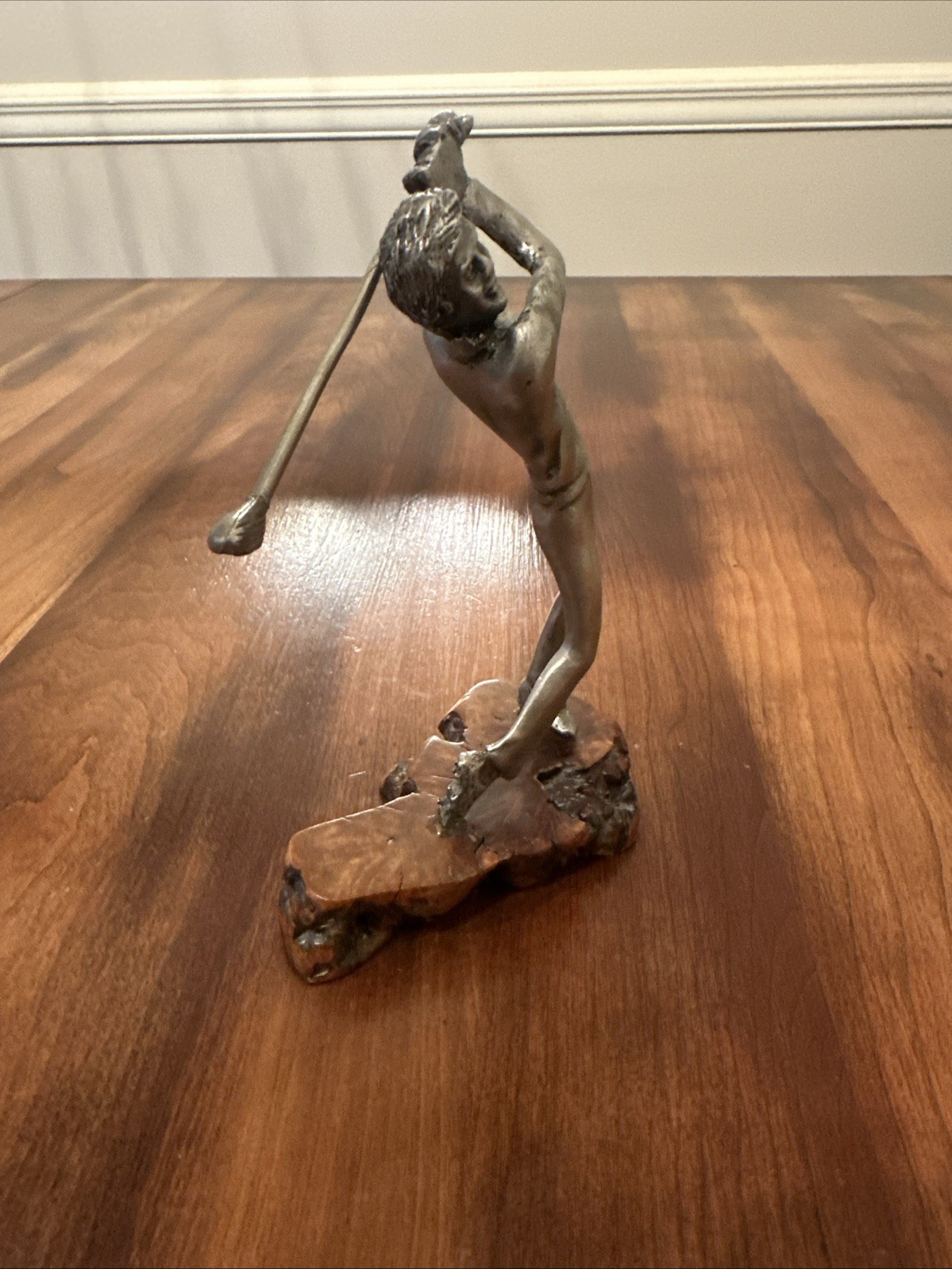 Golfer Statue, In Mid Swing Detailed Sculpture Figure On Wood Stand 6.5”