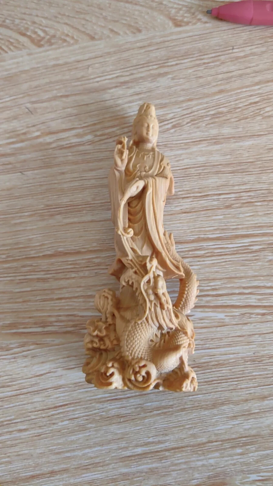 4.7″ Natural Boxwood Carving Dragon Avalokitesvara Bodhisattva Fengshui Ornament