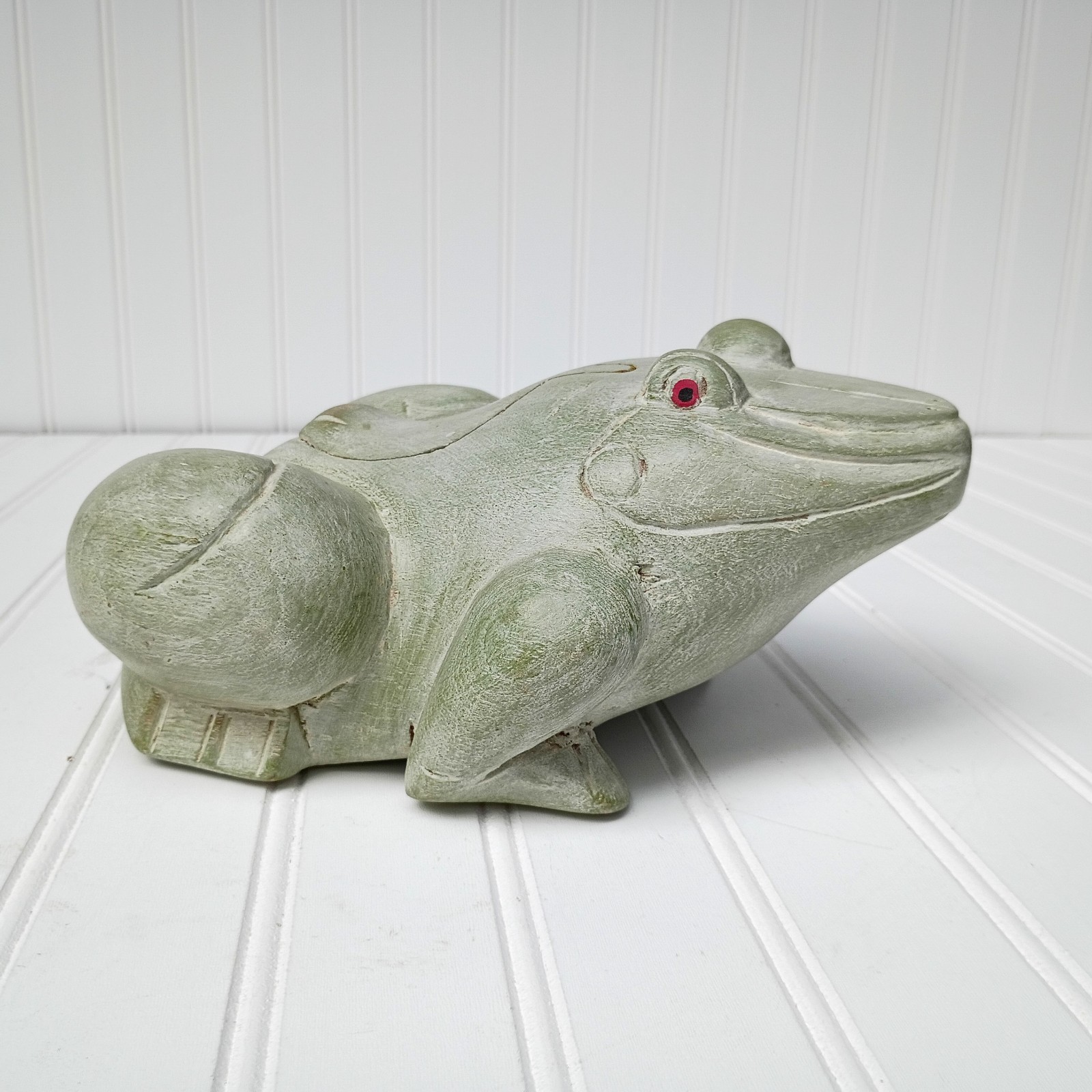 Vintage Thai Hand Carved Wood Frog Trinket Box Green Painted Folk Art Thailand